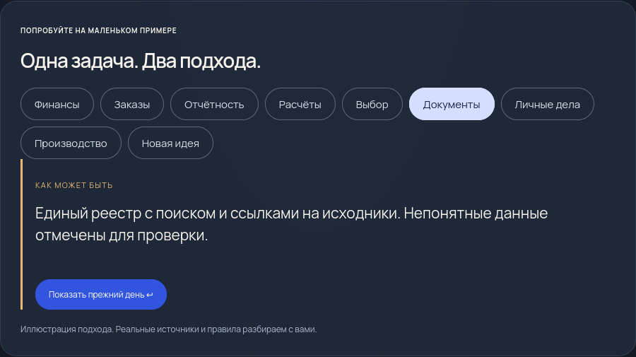 Переключение сценариев работы: финансы, расчёты, документы и личные дела